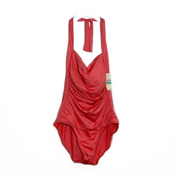 NWT Tommy Bahama Shirred Front Halter Tank One Piece Swimsuit, Melon Berry sz 16 - Picture 1 of 6
